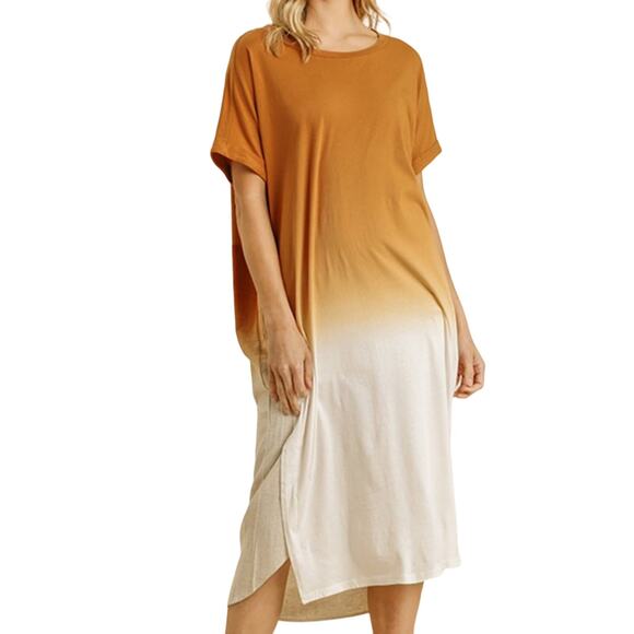 NWT UMGEE Orange White Ombre Michele Dress Cotton Linen Maxi Shirt Dress Boho - Picture 1 of 11